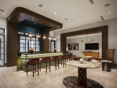 Bar Lounge area with bench and chair seating and large wood like doors and cabinets with green tile back splash