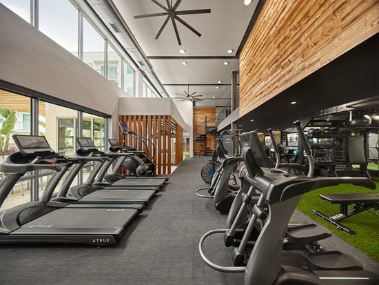 Fitness center weight area with turf flooring, benches, free weights, and boxing sand bag