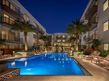 Dusk pool view with lights, pool lounge chairs, palm trees, and views of community in background